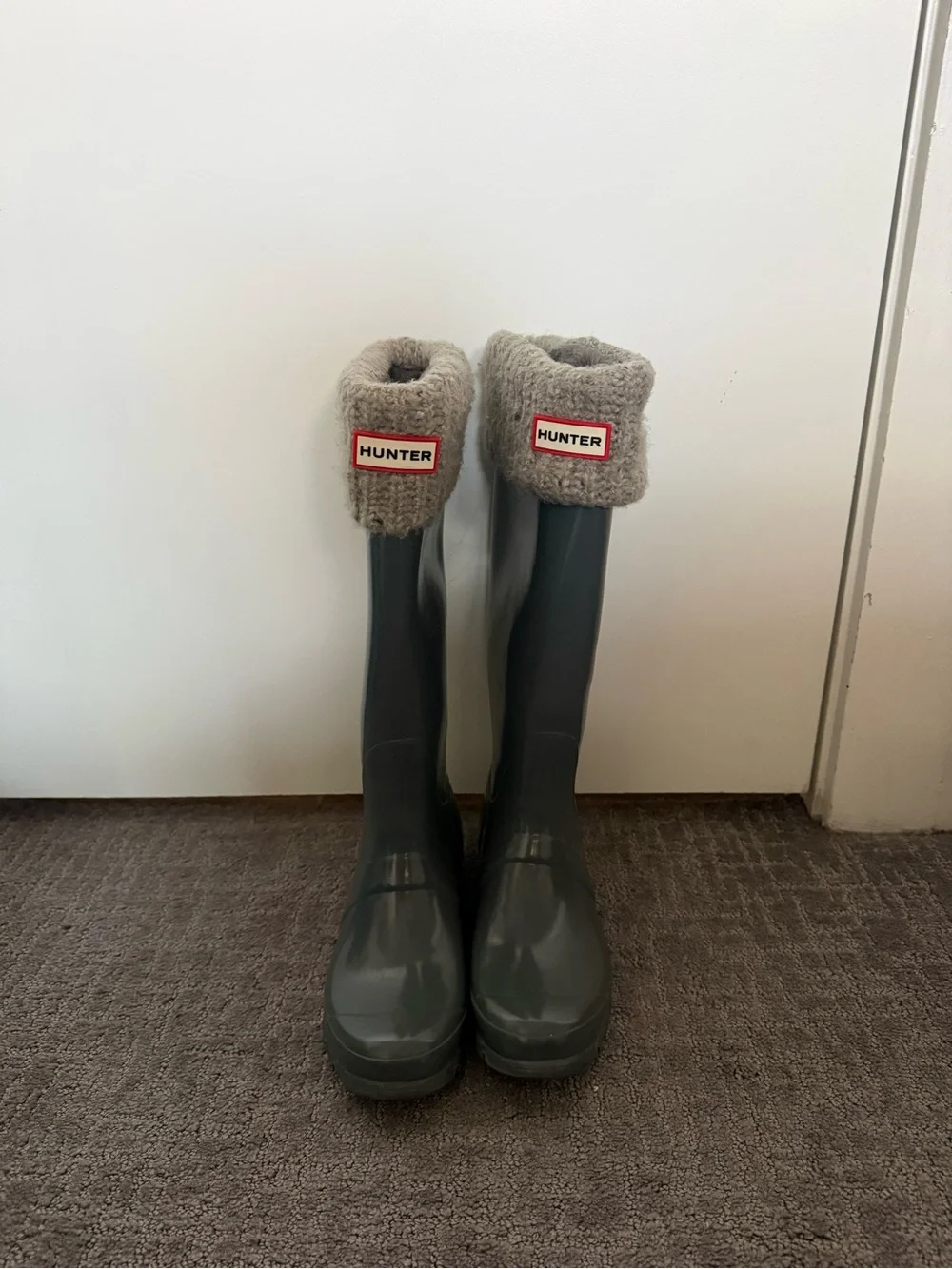 Hunter Tall Grey Rubber Rain Boots with Grey Knit Cuff